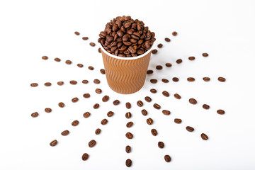 Craft coffee cup full of coffee bean on white background