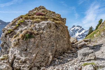 Switzerland, Beautiful scenic view on snow Alps peaks with blue sky and white clouds above