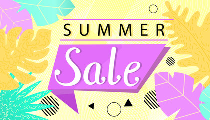 SUMMER SALE  banner tropical design. Creative lettering and colorful leaves for seasonal sales. Vector illustration.