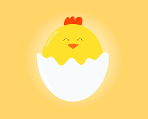 Cute cartoon chicken. Funny yellow chicken in egg. Vector illustration.