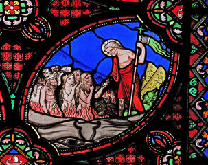 Descent into Hell, stained glass window from Saint Germain-l'Auxerrois church in Paris, France 