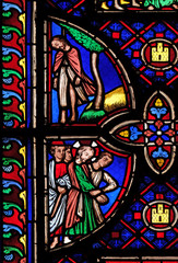 Judas hangs himself on a tree, Jesus is captured, stained glass window from Saint Germain-l'Auxerrois church in Paris, France