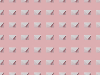 top view of flat lay with white and empty envelopes isolated on pink