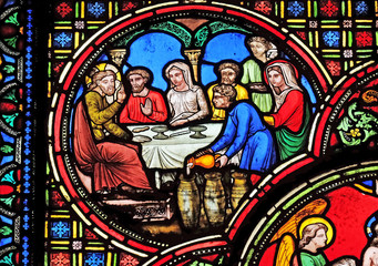 Obraz na płótnie Canvas Wedding at Cana, stained glass window from Saint Germain-l'Auxerrois church in Paris, France 