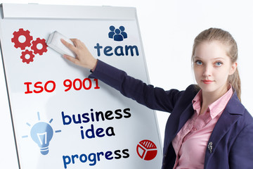 Business, technology, internet and networking concept. Young entrepreneur showing keyword: ISO 9001