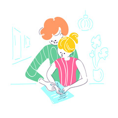 Vector color picture. Home schooling. Little girl and mother together.