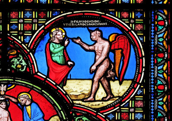 Jesus tempted by the devil, stained glass window from Saint Germain-l'Auxerrois church in Paris,...