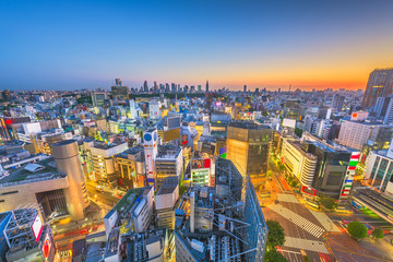 Tokyo, Japan city skyline over Shibuya Ward with the Shinjuku Ward skyline in the distance.