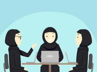Fototapeta premium Girls Hijab Laptop Discuss Qatar Illustration