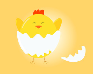 Cute cartoon chicken. Funny yellow chicken in egg. Vector illustration.