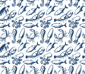 Seafood vector pattern. Sea creatures, fish. Fishing and restaurant business texture design. Blue silhouette of fish background. Modern seamless texture design.