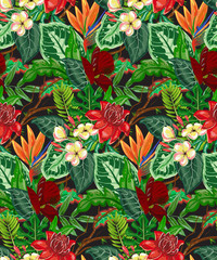Vector seamless pattern with tropical palm leaves, jungle plants, exotic flowers.