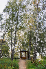 The path to the wooden gazebo in a birch grove on a summer evening in the town of Ples, Russia.