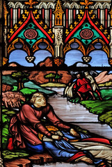 Fototapeta premium Scenes from the life of Saint Eugene, stained glass windows in the Saint Eugene - Saint Cecilia Church, Paris, France 