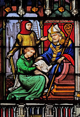 Obraz na płótnie Canvas Scenes from the life of Saint Eugene, stained glass windows in the Saint Eugene - Saint Cecilia Church, Paris, France
