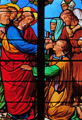 Jesus heals a blind man, stained glass windows in the Saint Eugene - Saint Cecilia Church, Paris, France