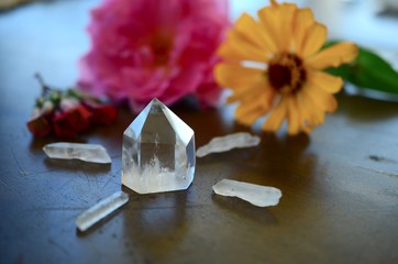 Clear Quartz crystal tower, carved crystal tower. Woman's hand holding clear quartz tower. Witchy decor, bohemian vibes. crystal healing, meditation crystals. Healing witch.Clear Quartz crystal tower,