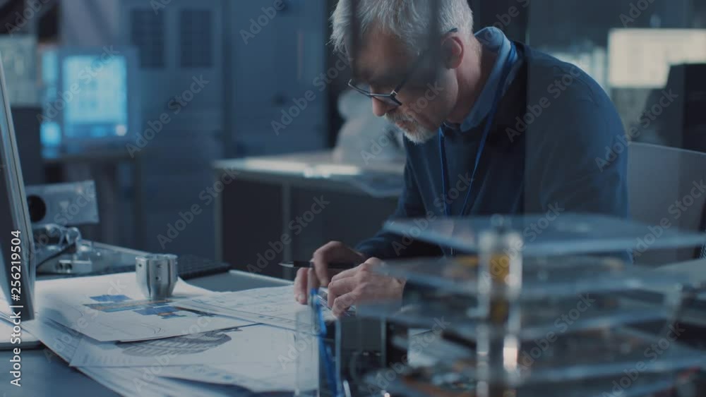Poster professional heavy industry engineer draws engine concept blueprint, references computer. engineerin