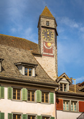 View of the tower clock in the Rapperswil castle. Detail exposure of the Tower Clock that makes...