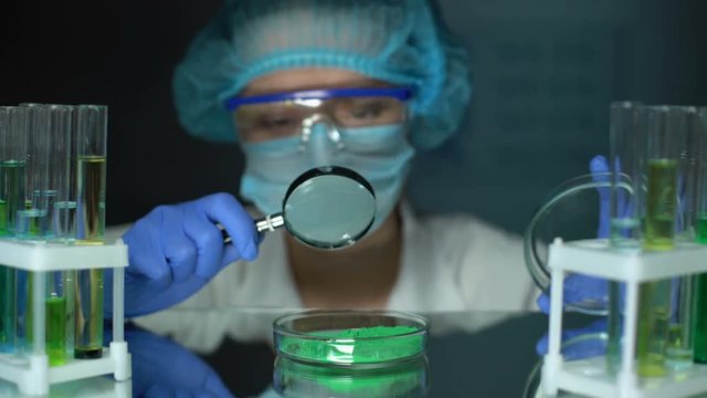 Researcher analyzing green powder pigment in petri dish with magnifying glass