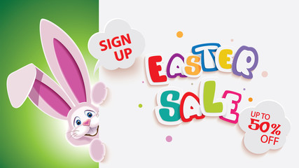 Obraz na płótnie Canvas Easter sale web banner with pink Easter Bunny next to textual signboard isolated on a green background