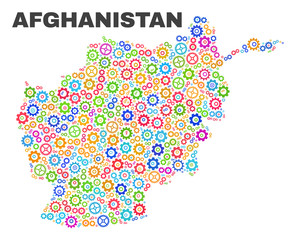 Mosaic technical Afghanistan map isolated on a white background. Vector geographic abstraction in different colors. Mosaic of Afghanistan map designed from scattered multi-colored cog items.
