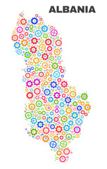Mosaic technical Albania map isolated on a white background. Vector geographic abstraction in different colors. Mosaic of Albania map combined of scattered multi-colored cog elements.