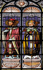 Saint Basil and Saint Gregory, stained glass window in the Saint Augustine church in Paris, France 