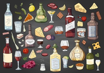 Big hand drawn different alcohol bottles and drinks on black background. Vector alchol drinks collection