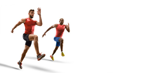 Fototapeta na wymiar Isolated Male athletes sprinting. Men on white background in sport clothes run