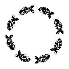 Black and white grunge hand printed small fishes circle frame, vector