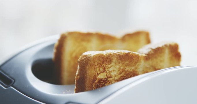 Slow motion shot of roasted toast bread popping up from toaster