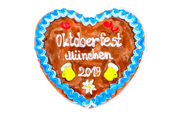 Oktoberfest 2018 Gingerbread heart with white isolated backgroun
