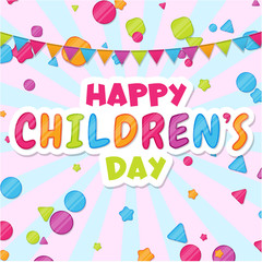 Happy Children's Day. Colorful card for kids party, birthday in cartoon style.
