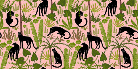 Vestor seamless pattern with panthers and tropical leaves. © Nadia Grapes