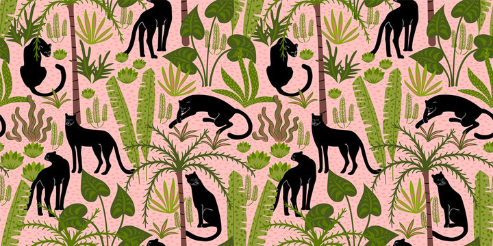 Vestor seamless pattern with panthers and tropical leaves.