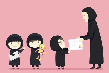 Kids Girls Muslim Give Award Robotics Illustration