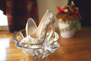 Bride's extravagance pink shoes with crystals and beads