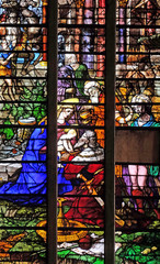 Nativity Scene, Adoration of the Magi, stained glass windows in the Saint Gervais and Saint Protais Church, Paris, France