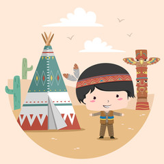 Kid Boy Native American Indian Tipi Illustration © BNP Design Studio