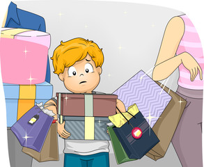 Kid Boy Parents Impulse Buying Illustration