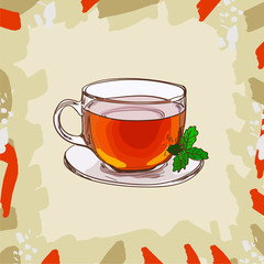 Glass cup with classic black tea with mint leaves on abstract background. Hot drink hand drawn vector illustration set. Menu design item of sketch bar drink glass.