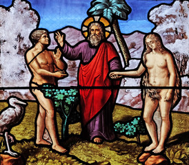 Creation of Eve, stained glass window in Church of Saint Leu Saint Gilles in Paris, France 