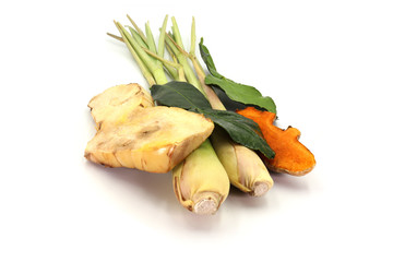 Galangal , Turmeric, lemon grass and  Bergamot leaf is Herbs isolated on white background.