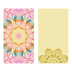 Vintage Cards With Floral Mandala Pattern. Vector Template. The Front And Rear Side. rainbow color