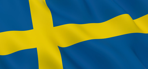 National Fabric Wave Close Up Flag of Sweden Waving in the Wind. 3d rendering illustration.