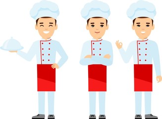 Characters set of smiling male cooks in restaurant . Collection of chef man in white hat in different poses.