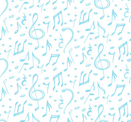Seamless pattern sketches blue musical signs and notes.
