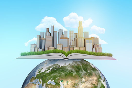 3d rendering of city skyscrapers on an open book on top of earth globe with blue sky background