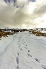 Snow foot traces in the mountain under a majestic blue sky and white clouds